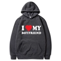Dark gray hoodie with I Love My Boyfriend red heart print and front kangaroo pocket - S / Tops / Dark Grey (I ❤️ MY BOYFRIEND)