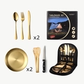 Golden stainless steel cutlery set with plates, tongs, and portable storage bag - [Standard] Gold 10-Piece Box Set
