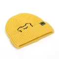 Detail of ginger knitted beanie showing bear embroidery and premium ribbed texture - Yellow