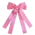Detail of a large pink satin double-layered bow hair clip with elegant long ribbons - Deep Pink
