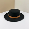 Flat top black wool felt jazz hat with brown leather belt and gold metal rivets - M (56-58cm) / Black - Coffee Belt