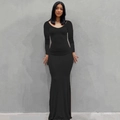 Elegante vestido largo negro de manga larga ajustado con cuello redondo y dobladillo sirena - XS / Bottoms / Manga Larga Negro