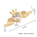 Golden brass heart crown connector with wings and clear cubic zirconia 31mm - M589517-Gold