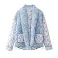 Blue and white floral paisley quilted jacket with lapel collar and front pockets - S / Light Blue