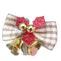 Close-up of Christmas ribbon bow with gold metal bells and red holly leaf decorations - Christmas Bow 17