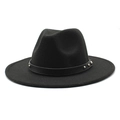 Sombrero fedora de lana negra de ala ancha con cinturón de cuero y remaches de plata - M (56-58cm) / Negro
