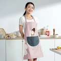 Pink waterproof kitchen apron with gray pocket and white hand-towel sides for women - Hand-wipe Style / Lotus root pink