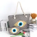 Evil Eye beach tote set with canvas houndstooth pattern and rope handles - Dark Grey Houndstooth Style (眼睛-3)