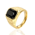 Men's titanium steel ring with black rectangular onyx stone and gold geometric texture - Gold Tone Black Rhinestone