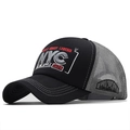 Detail of 3D NYC embroidery and breathable gray mesh on a black trucker baseball cap - Dark Grey