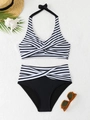 Women's two-piece high waisted striped bikini set with halter neck and beach accessories - S / Black & White Stripes
