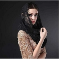 Detailed view of vintage black lace bridal veil fabric texture on a female model - Style 3 Black