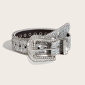 Elegante cintura in pelle con strass argento e fibbia lucida per jeans da donna - Argento