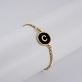 Minimalist gold Figaro chain bracelet featuring a black enamel letter C round charm - Letter C / Gold/Black