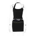 Detail of black two-piece set featuring halter top and skirt with metallic chain rings - S / Black