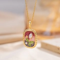 Französische Vintage Emaille-Blumenkette mit Kunstperlen an einer goldenen Edelstahlkette - Rote Halskette