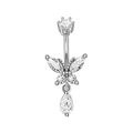 Silver stainless steel butterfly belly button ring with zircon teardrop pendant - XY-26 Butterfly Teardrop
