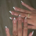 Long almond press-on nails with nude base, white French tips and abstract swirl lines - Bz1510 Water And Sky In One Color / Jelly Glue + Nail File