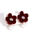 Detail of red velvet flower earrings with zircon center and hanging white pearl - Wine Red Velvet Flower Pearl Drop Earrings (Style 2)
