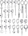 Silver stainless steel punk earring set with sword, cross, and feather dangles - Silver Stainless Steel Vintage Pendant Set (36022)
