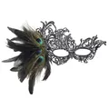 Lace masquerade mask with peacock feathers and intricate beadwork for party events - Phoenix Style / Black