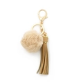 Beige faux fur pompom keychain with matching leather tassel and golden metal hardware - Khaki