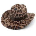 Women's leopard print plush cowboy hat with studded leather band and vintage buckle - M (56-58cm) / Straight Top / Light Coffee