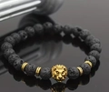 Bracelet pour hommes en pierre de lave volcanique avec tête de lion dorée et anneaux - 3026 Or Antique
