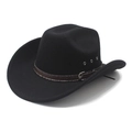 Classic black felt western cowboy hat with wide brim and brown decorative leather band - M (56-58cm) / Black