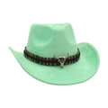 Mint green wide brim western cowboy hat with ethnic band and silver bull head ornament - Mint Green