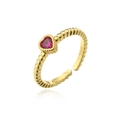 Detailed macro view of 18K gold plated ring featuring a red heart zircon and beaded band - Adjustable Open / Red Style (10722)