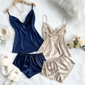 Conjunto de pijama de seda de hielo para mujer en oro champán y azul marino - S / Azul Marino + Caqui