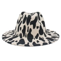 Classic cow print felt fedora hat with wide brim for men and women stylish jazz style - M(56-58cm) / White Cow Print