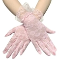 Elegant pink lace sun protection gloves with white ruffle trim for summer driving - One Size / Pink