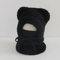 Detail of black plush hooded scarf with bear ears and built-in mask for winter warmth - 3-8 Years / Black