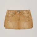 Minigonna di jeans marrone con cuciture a stella e schizzi di vernice bianca - XS / Denim Selvaggio (Marrone)