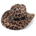 Chapeau de cowboy en peluche léopard avec bande en cuir et pierre turquoise - M (56-58cm) / Couronne Droite Marron Clair