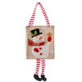 Christmas burlap gift bag with snowman applique and red-white striped handles - Snowman