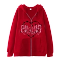 Red zip-up hoodie featuring a gothic heart spiderweb print and front kangaroo pocket - Red (Thorn Heart Print)