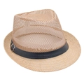 Detail of breathable mesh crown and leather buckle strap on summer straw fedora hat - Khaki