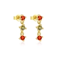 S925 sterling silver drop earrings with triple red and olive green round zircon stones - Red and Green