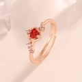 Rose gold adjustable ring featuring a heart-shaped red gemstone and white zircons - Rose Gold Red Heart Ring (X778) / Red