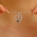 Silver MOM heart projection necklace with I Love You engraving and tiny white zircon stones - Silver