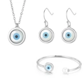 Silver evil eye jewelry set with necklace, drop earrings, and pearl open bangle - Steel Shell Style (KS118305-K+KB123062-K)