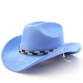 Dettaglio cappello da cowboy blu in finta pelle con fascia etnica di perline colorate - Blu cielo profondo