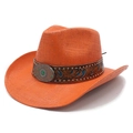 Orange straw western cowboy hat with vintage turquoise buckle and silver studs - M (56-58cm) / Orange