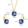 Detail view of gold-plated stainless steel jewelry set with blue square gems and dimensions - Gold-Dark Blue Crystal