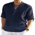 Detail of navy blue men's cotton linen shirt featuring buttoned V-neck and stand collar - S / Navy Blue