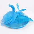 Elegant bright blue fascinator hat with mesh flowers and feathers for wedding party - Lake Blue