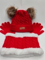 Close-up of knit winter set featuring cable pattern, pom-poms, and plush fleece lining - 3-Piece Set (Hat/Scarf/Gloves) / Red